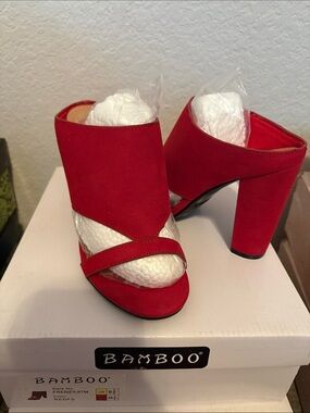 BAMBOO Red Suede Open-Toe Block Heel Mules